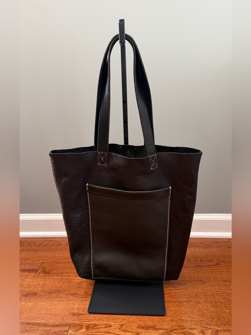Lucky Brand black full grain leather tote shopper bag with front pocket